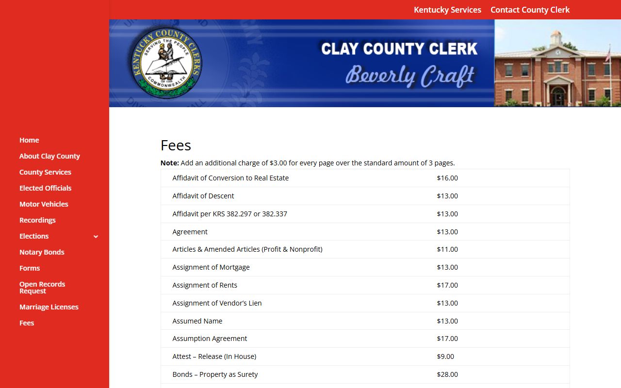 Clay County County Clerk fee page separate from Circuit Court Clerk records