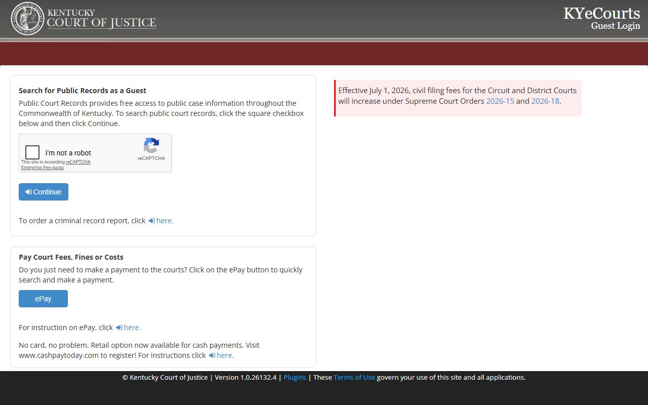 Clay County court records Kentucky eCourts guest login screen