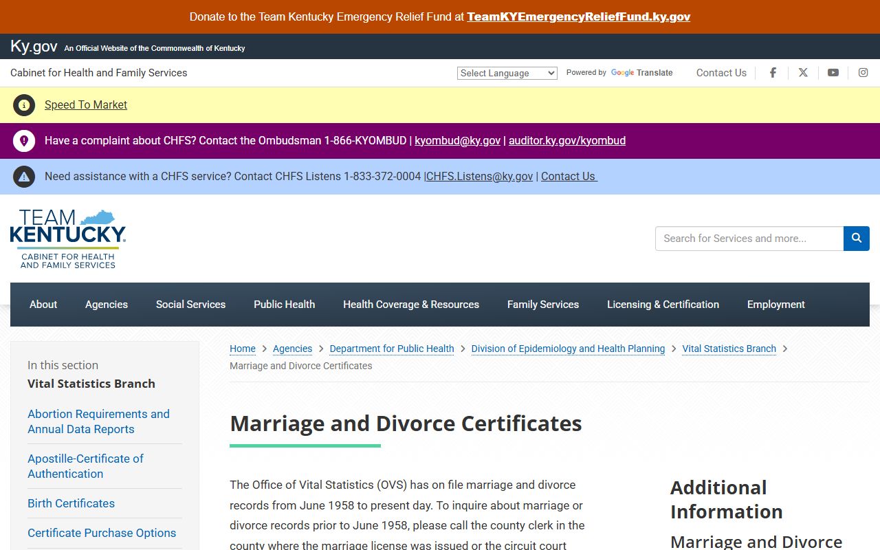 Clay County marriage and divorce records certificate source from Kentucky Office of Vital Statistics